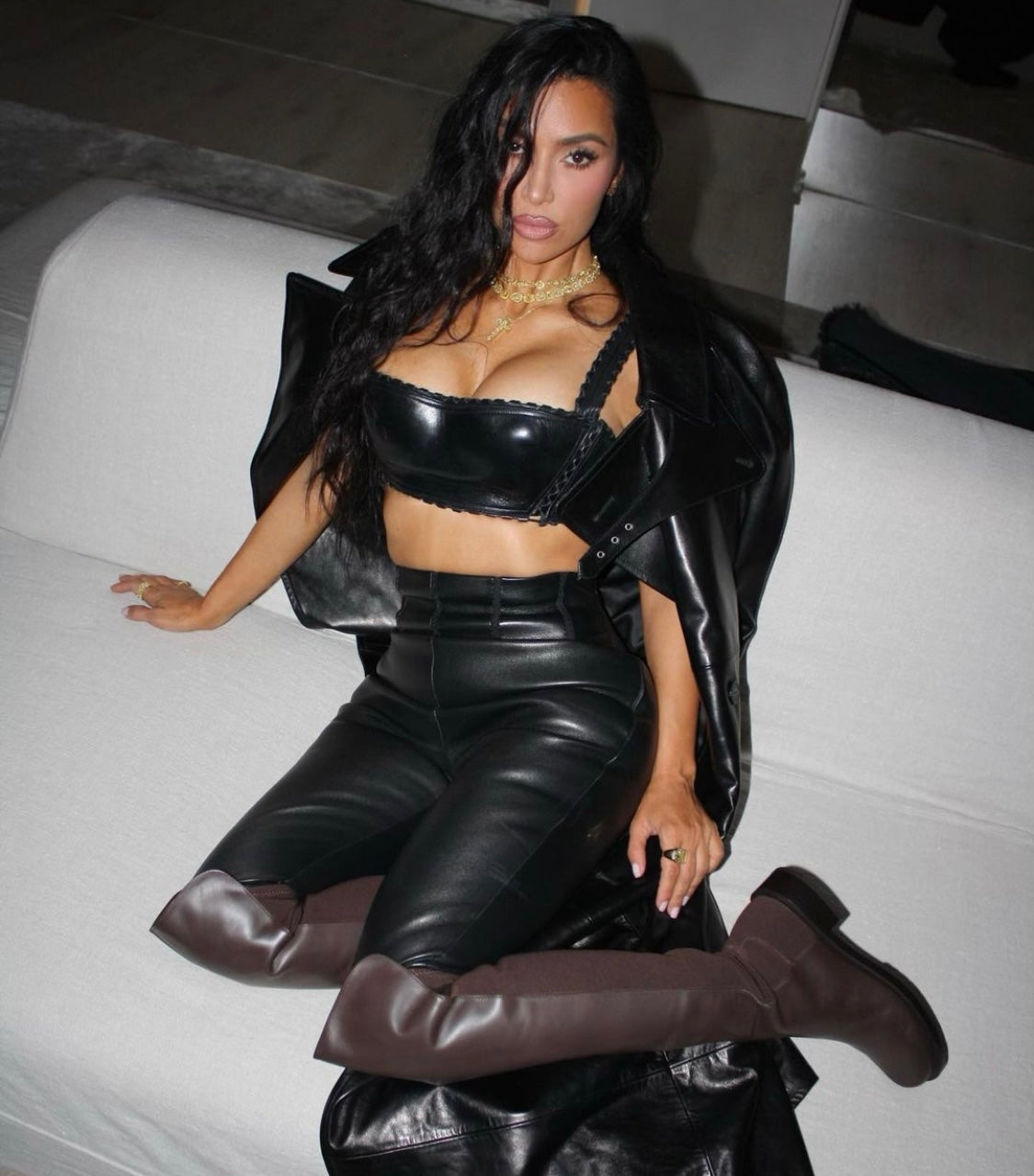 ALAIA HIGH WAIST CORSET LEATHER LEGGINGS