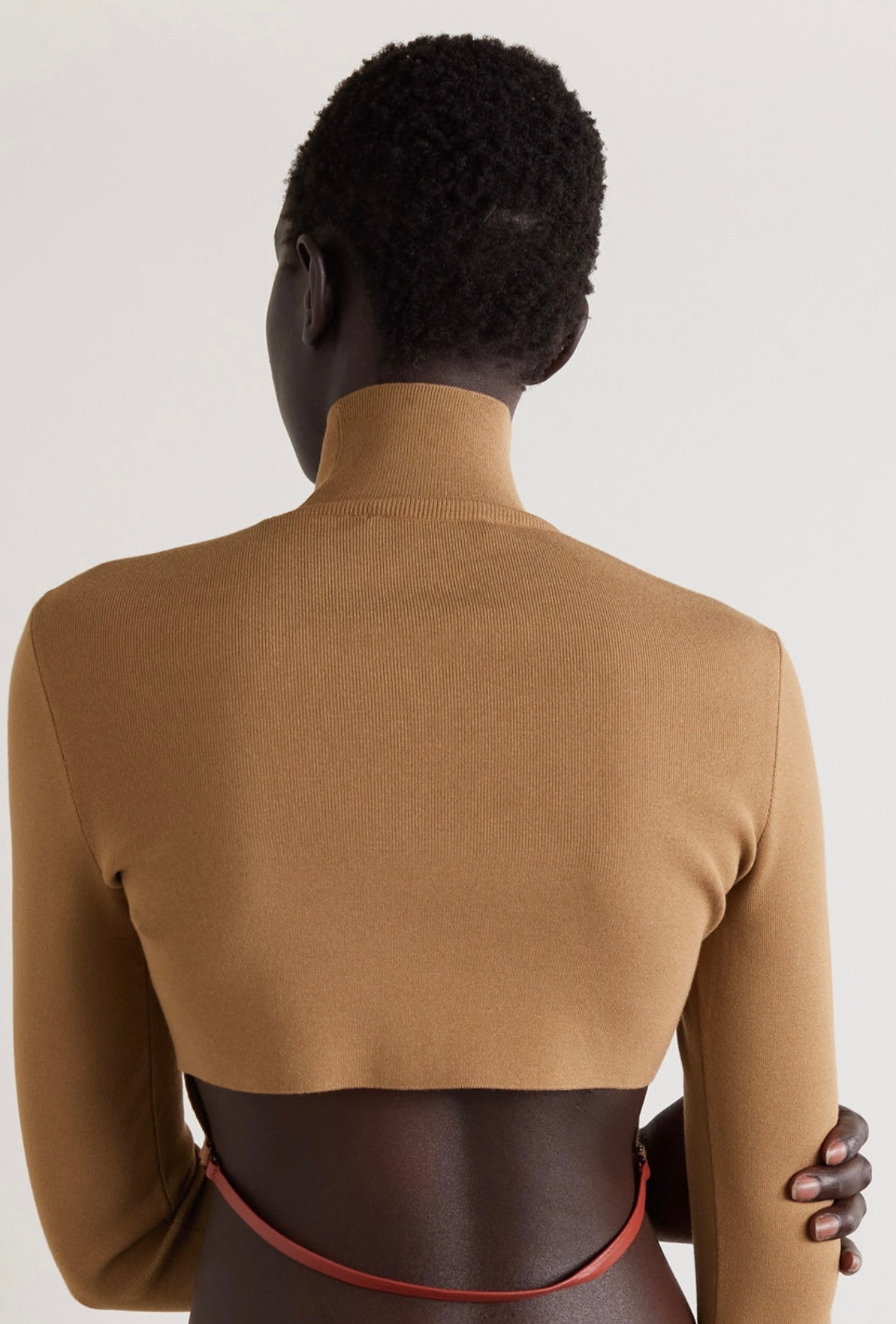 ZEYNEP ARCAY CROPPED LEATHER TRIMMED STRETCH TURTLENECK