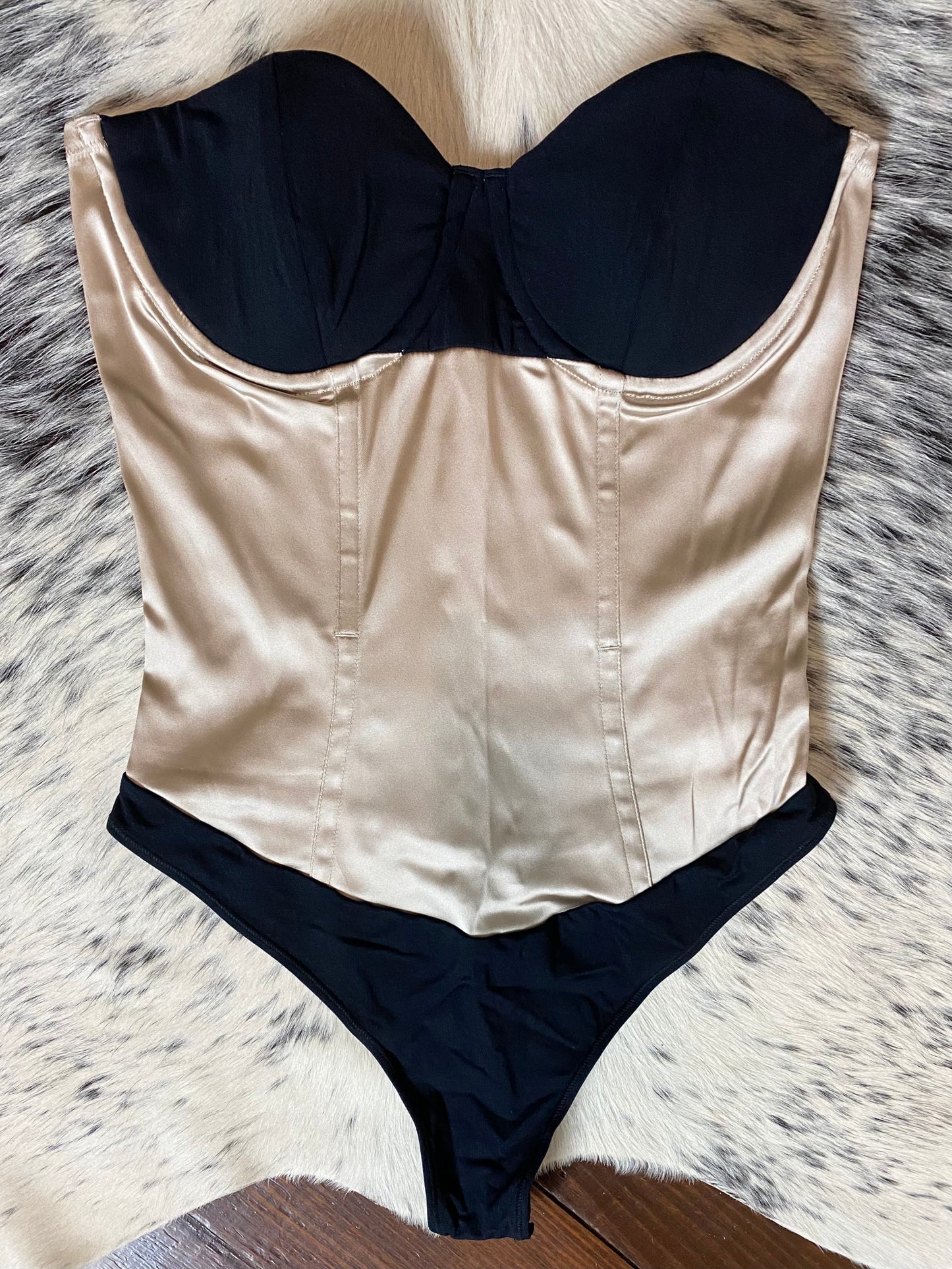 FLEUR DU MAL STRAPLESS SATIN CONTRAST CORSET BODYSUIT