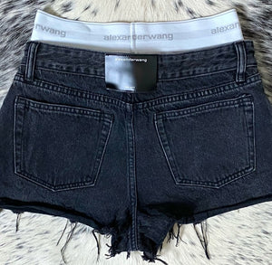 ALEXANDER WANG BRIEF LAYER LOGO ELASTIC DENIM SHORTS