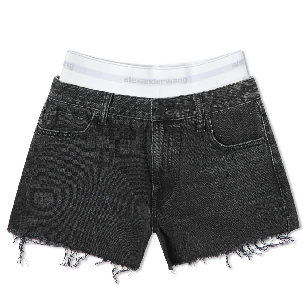 ALEXANDER WANG BRIEF LAYER LOGO ELASTIC DENIM SHORTS