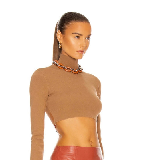 ZEYNEP ARCAY CROPPED LEATHER TRIMMED STRETCH TURTLENECK