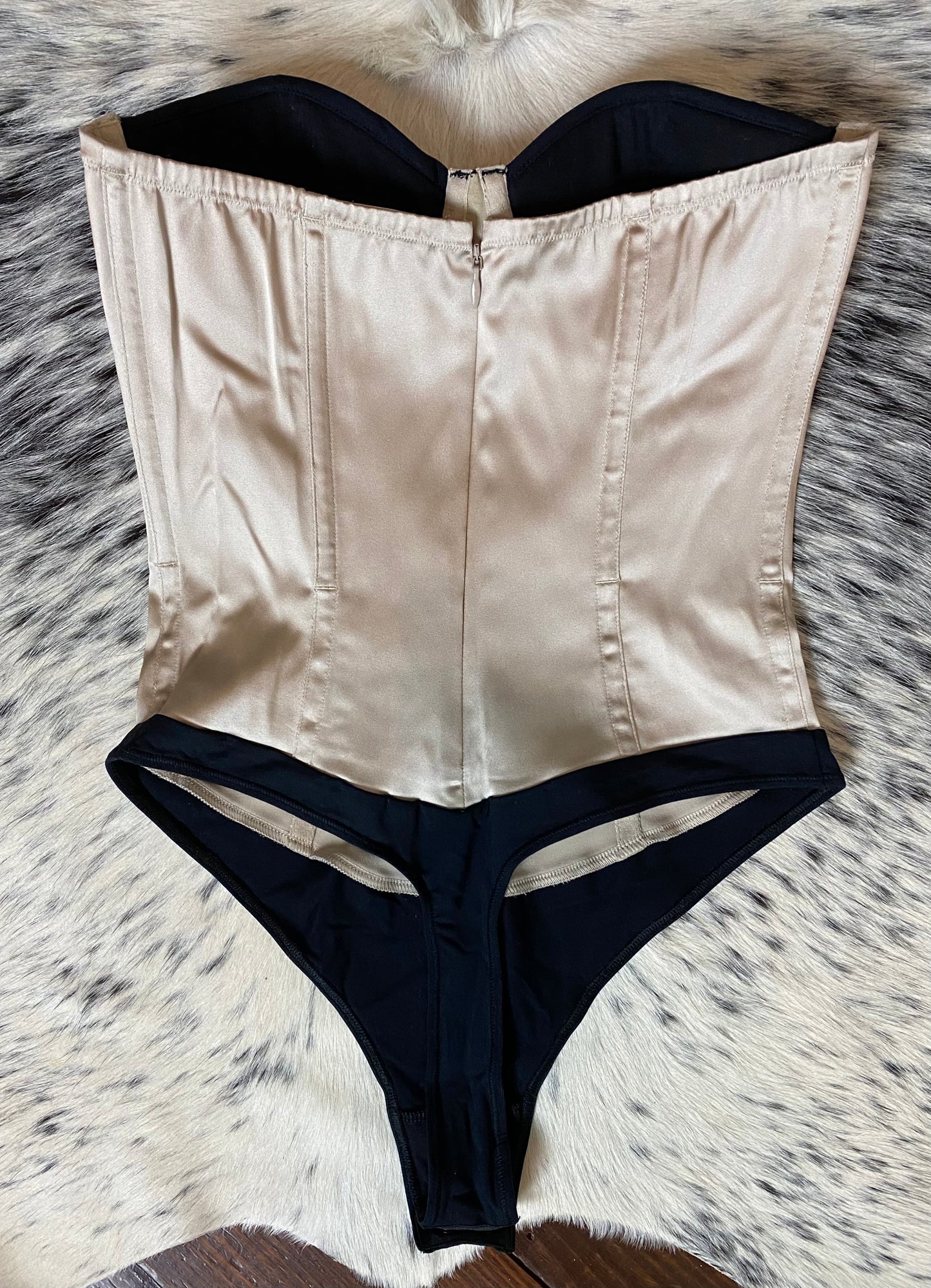 FLEUR DU MAL STRAPLESS SATIN CONTRAST CORSET BODYSUIT