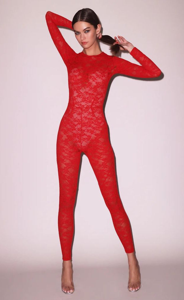 FLEUR DU MAL LE STRETCH LACE CATSUIT, ROUGE