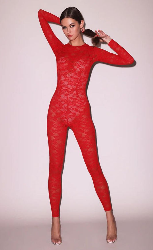 FLEUR DU MAL LE STRETCH LACE CATSUIT, ROUGE