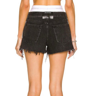 ALEXANDER WANG BRIEF LAYER LOGO ELASTIC DENIM SHORTS