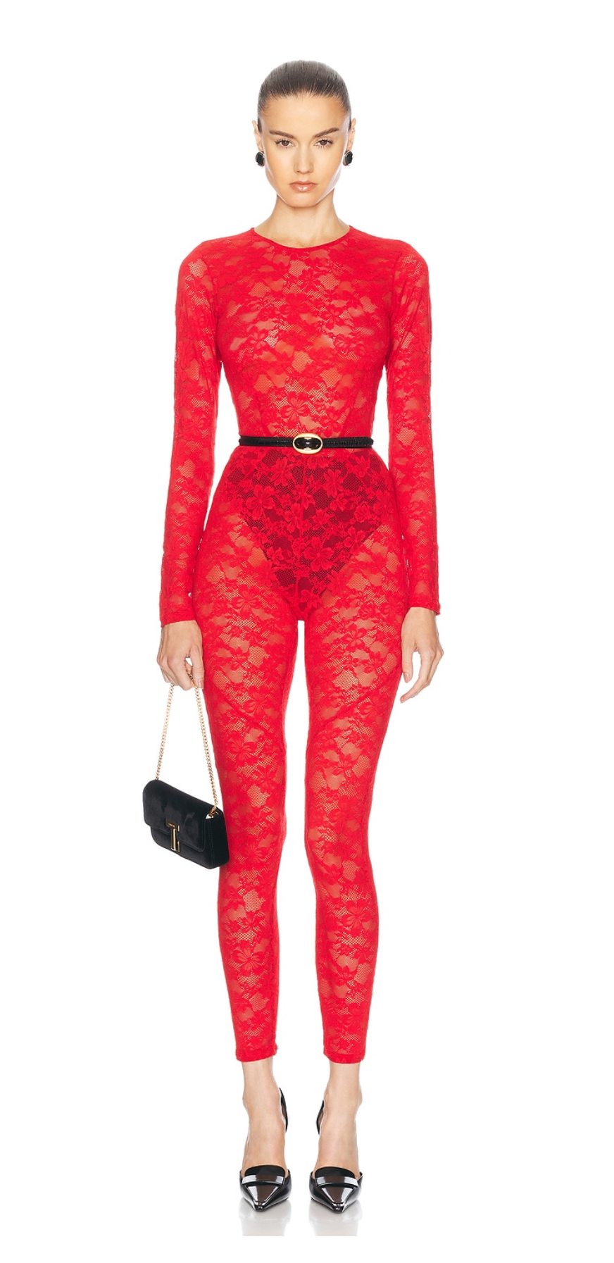 FLEUR DU MAL LE STRETCH LACE CATSUIT, ROUGE