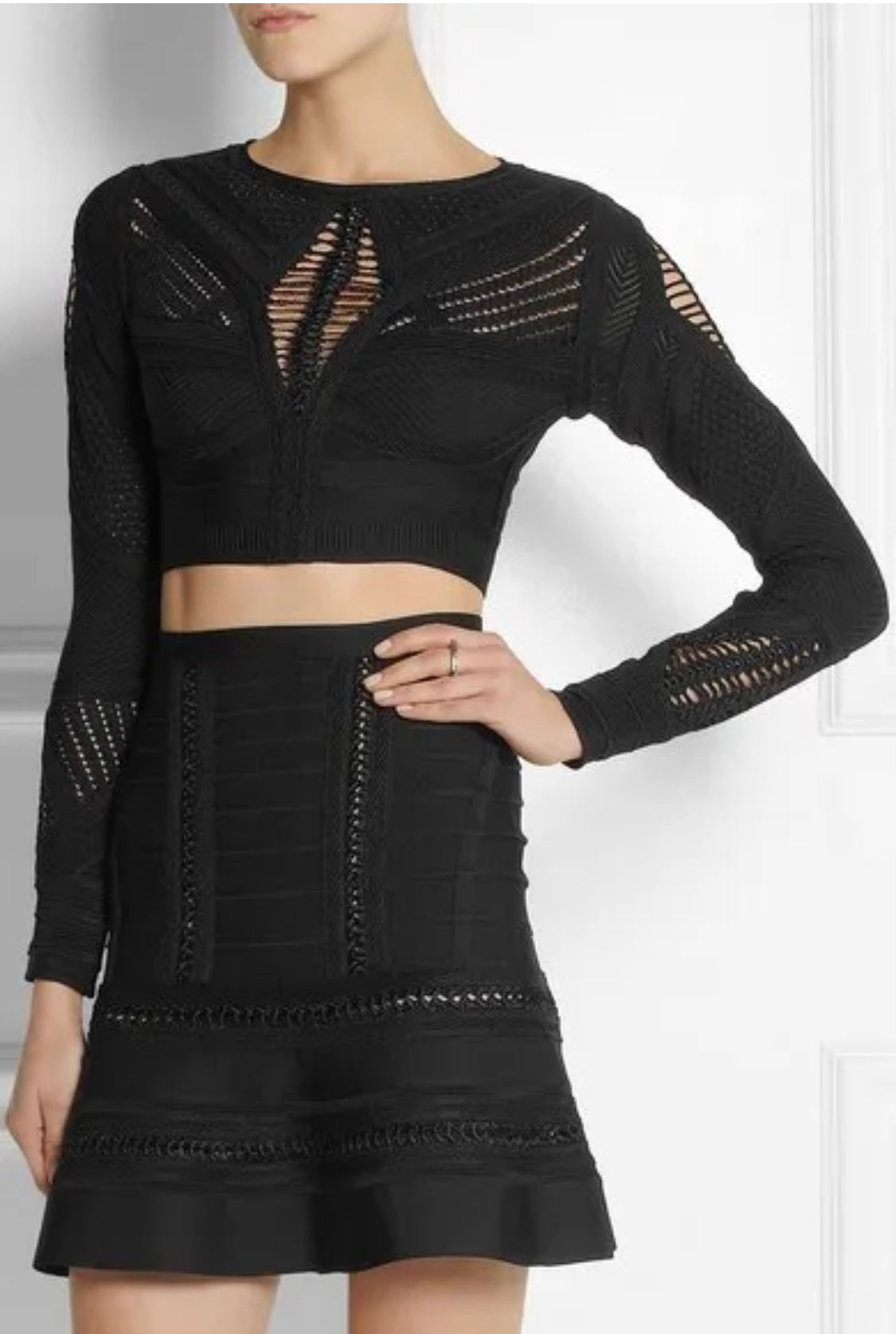 HERVE LEGER CROCHET PANELED BANDAGE CROP TOP